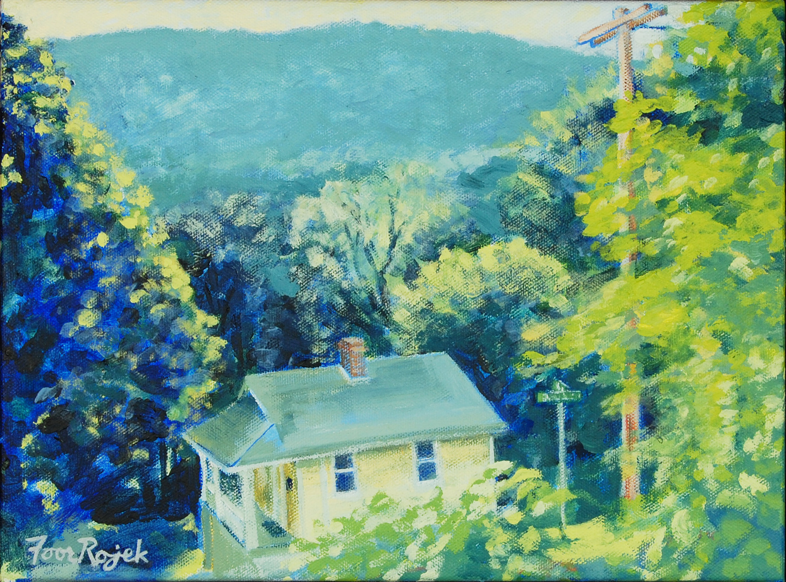 A tiny yellow house nestled among the trees and mountains of the Appalachians is viewed from the hillside above.