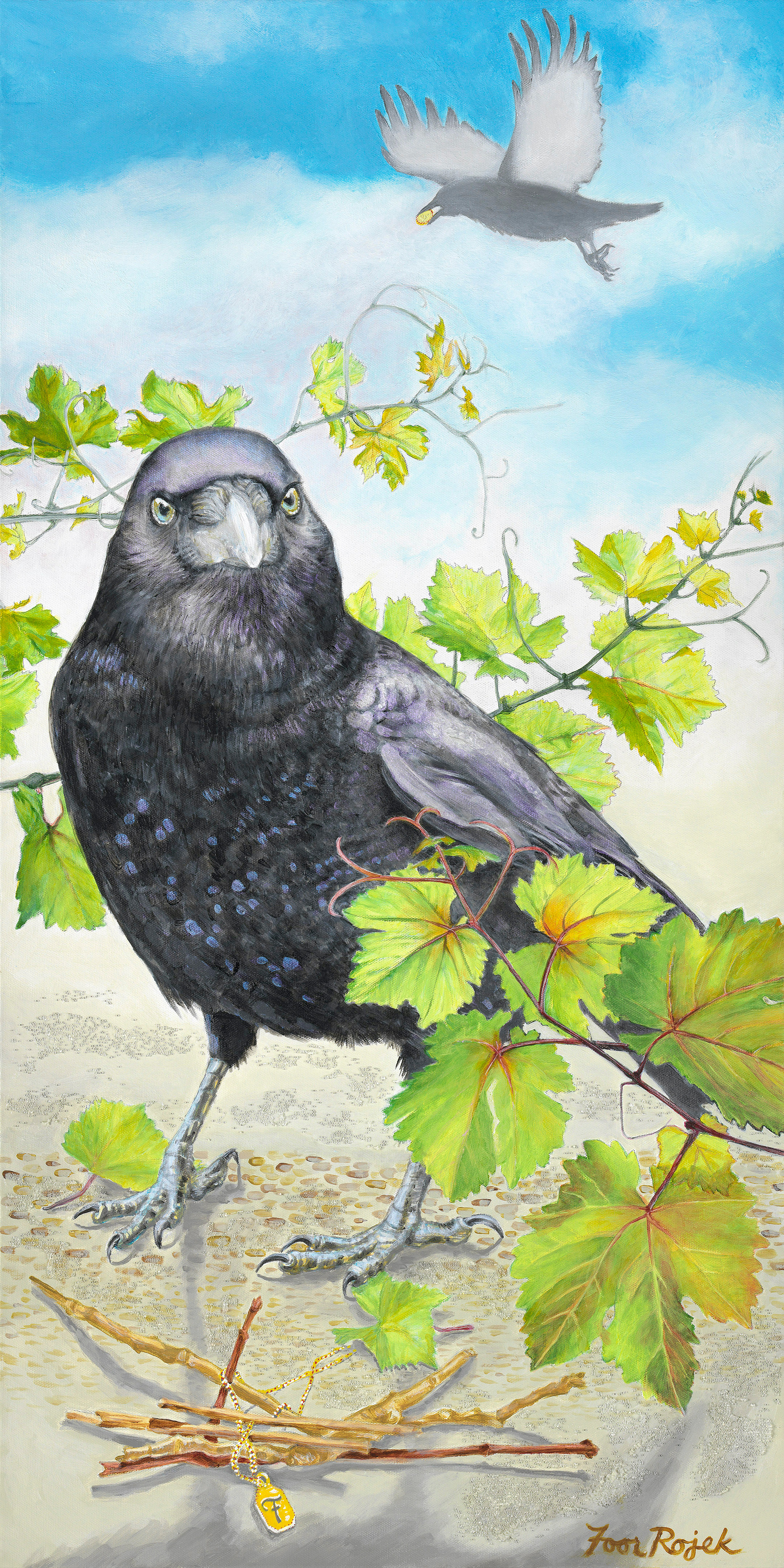 A crow looks confidently at the viewer and is painted larger-than-life among the California grapevines.