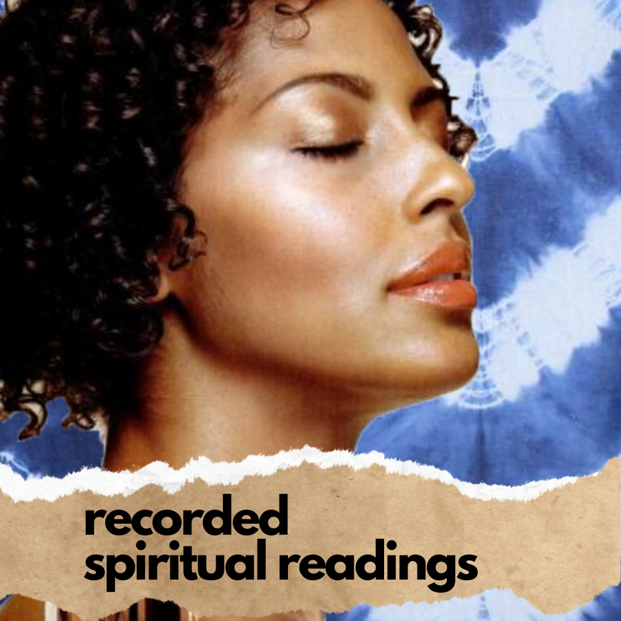 A designed graphic of a light skin person closing their eyes  with a blue background. On the bottom of the image is the words recorded spiritual readings