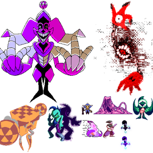 Pixel collage of ten colorful, highly stylized, original fantasy/monster character designs in various digital art styles. Made by Estaguy or Estaguy24.