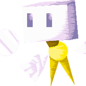 Simple, angular pixel art character with a white cubic head, small rectangular eyes, a yellow sphere body, triangular yellow legs, and white, wing-like arms holding a striped circular object. Made by Estaguy or Estaguy24.