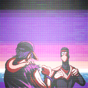 Vertical pixel art image styled as a retro fighting game screen in pink and purple, showing two stylized figures engaged in combat, complete with an "ENEMY SPOTTED!" header and an interface displaying Time, Score, and Health. Made by Estaguy or Estaguy24.