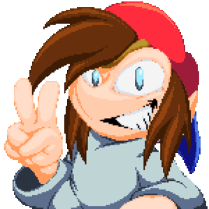 Animated close-up pixel art portrait of a character with a wide, manic grin and a red cap giving the V-sign (peace sign). Made by Estaguy or Estaguy24.