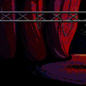 Dark pixel art image of a theater backstage showing huge, red curtains hanging over the floor beneath a metal lighting rig with two small, hanging figures. Made by Estaguy or Estaguy24. From Friday Night Funkin' or FNF.