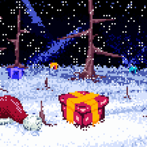 A festive pixel art scene featuring a snowy forest at night under a starry, cosmic sky. A Santa hat and several colorful gifts are scattered across the snow, creating a nostalgic, 16-bit holiday atmosphere.