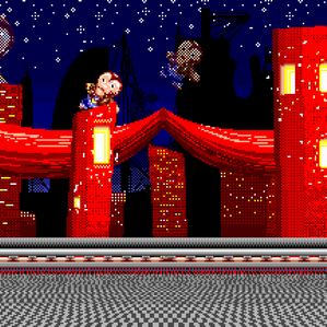 Colorful pixel art scene of a futuristic city at night, featuring dominant red structures and two cartoon figures climbing or flying above a checkered foreground. Made by Estaguy or Estaguy24.