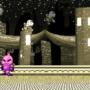 Small, pink, bulb-headed creature jumps into a run on a checkered foreground in a monochromatic pixel art animation of a desolate, futuristic city under a starry night sky. Made by Estaguy or Estaguy24.