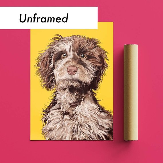 Maze the cockapoo by Woof Portraits.  Custom hand-drawn pet portrait by illustrator and portrait artist Ryan Hodge.  Features statement yellow background.  Unframed option - fine art giclée print.  