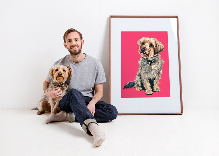 Ryan Hodge of Woof Portraits in a white studio with his Yorkshoire terrier called Pico.  Next to them is a portrait of Pico on a Bright pink Background. 

