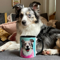 Australian Sheep dog Willow poses with her mug. It features a photo from the Barkney Wick dog event. Photo by Jonny Bosworth, the London Dog Photographer.