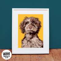 Custom pet portrait by Woof portraits of Maze the cockapoo.  shown in a white frame against a dark teal wall, resting on a wood floor.  

