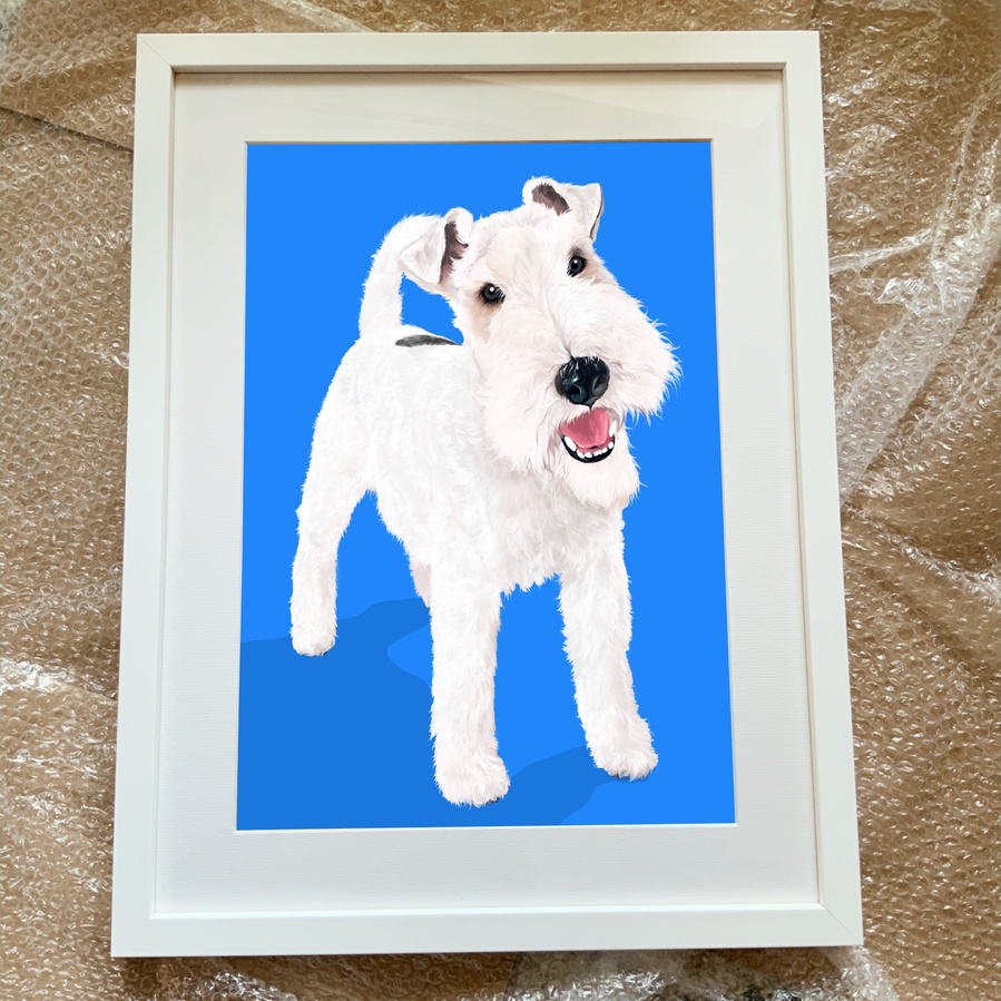 A framed custom pet portrait by Ryan Hodge of Woof Portraits featuring Bob the Fox terrier.  it is a white frame with white mount.  
