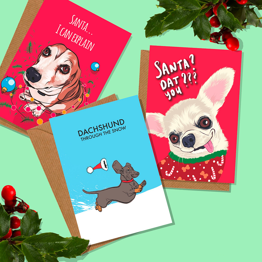 A6 Christmas Card featuring Beagle tangled in fairy lights on red background.  Puppy dog eyes. Comes with brown recycled paper envelope.  Available individually or as a multipack. 