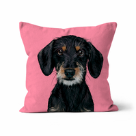 Throw Cushion featuring Arie the Jackshund (Jackrussell x Dachshund).  Custom pet portrait by Ryan Hodge of  Woof Portraits 