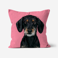 Throw Cushion featuring Arie the Jackshund (Jackrussell x Dachshund).  Custom pet portrait by Ryan Hodge of  Woof Portraits 