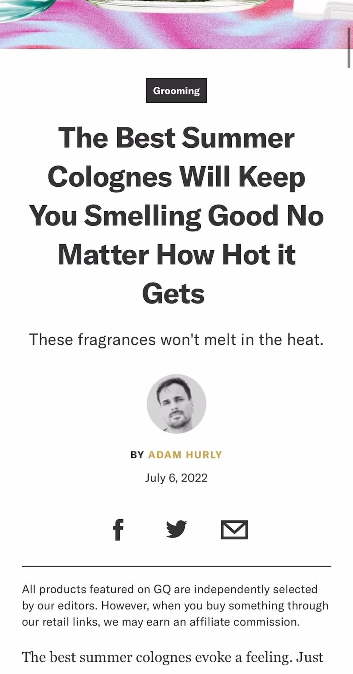 GQ July 2022 article cover of The Best Summer Fragrances, written by Adam Hurly, featuring Celadawn by MATTEO PARFUMS and other prestige and luxury fragrance brands like Louis Vuitton, Byredo, and Hermès