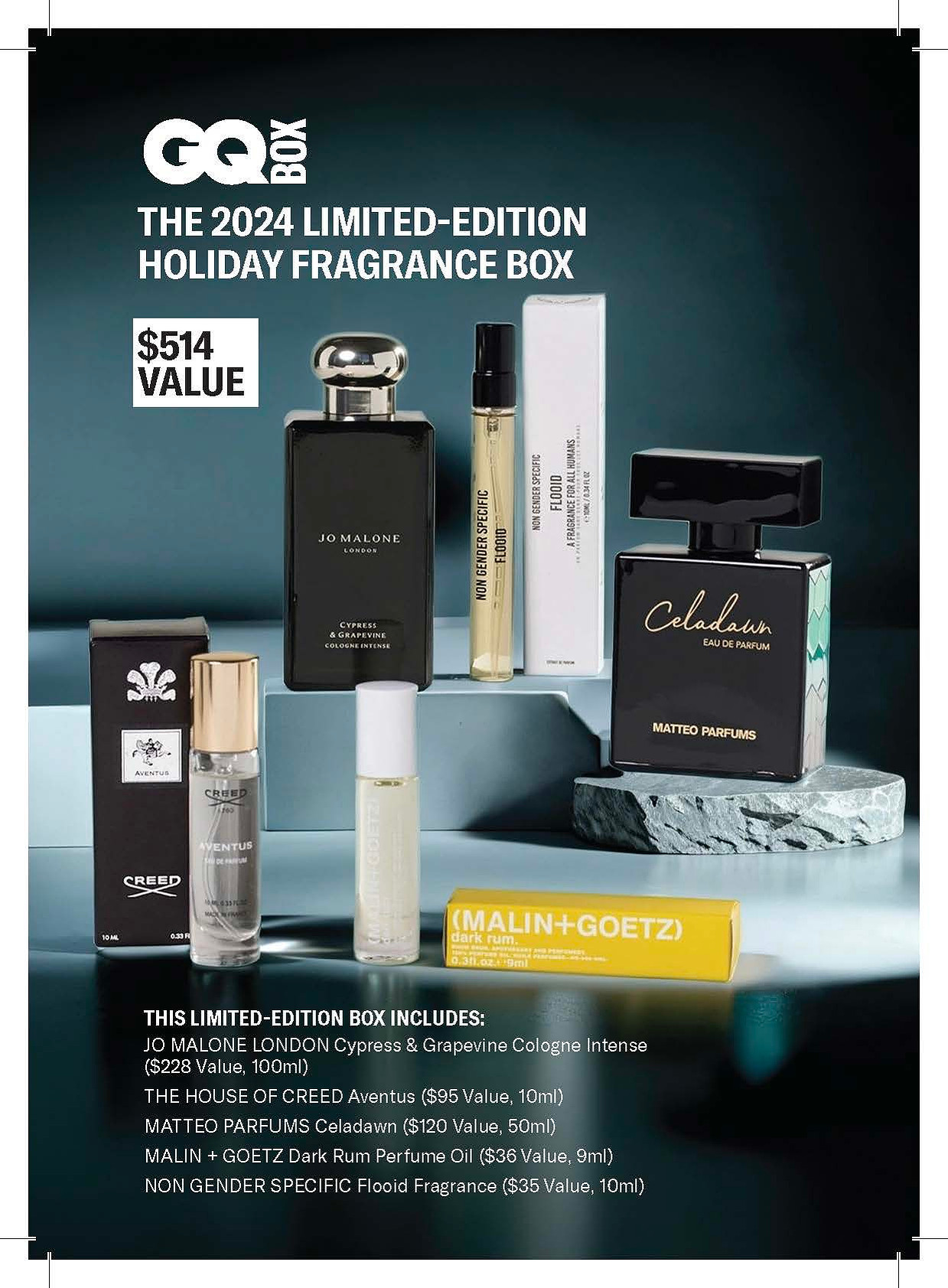 GQ Box: The 2024 Limited-Edition Holiday Fragrance Box by GQ featuring Jo Malone London, The House of Creed, MATTEO PARFUMS, Malin + Goetz, and Non Gender Specific (NGS)