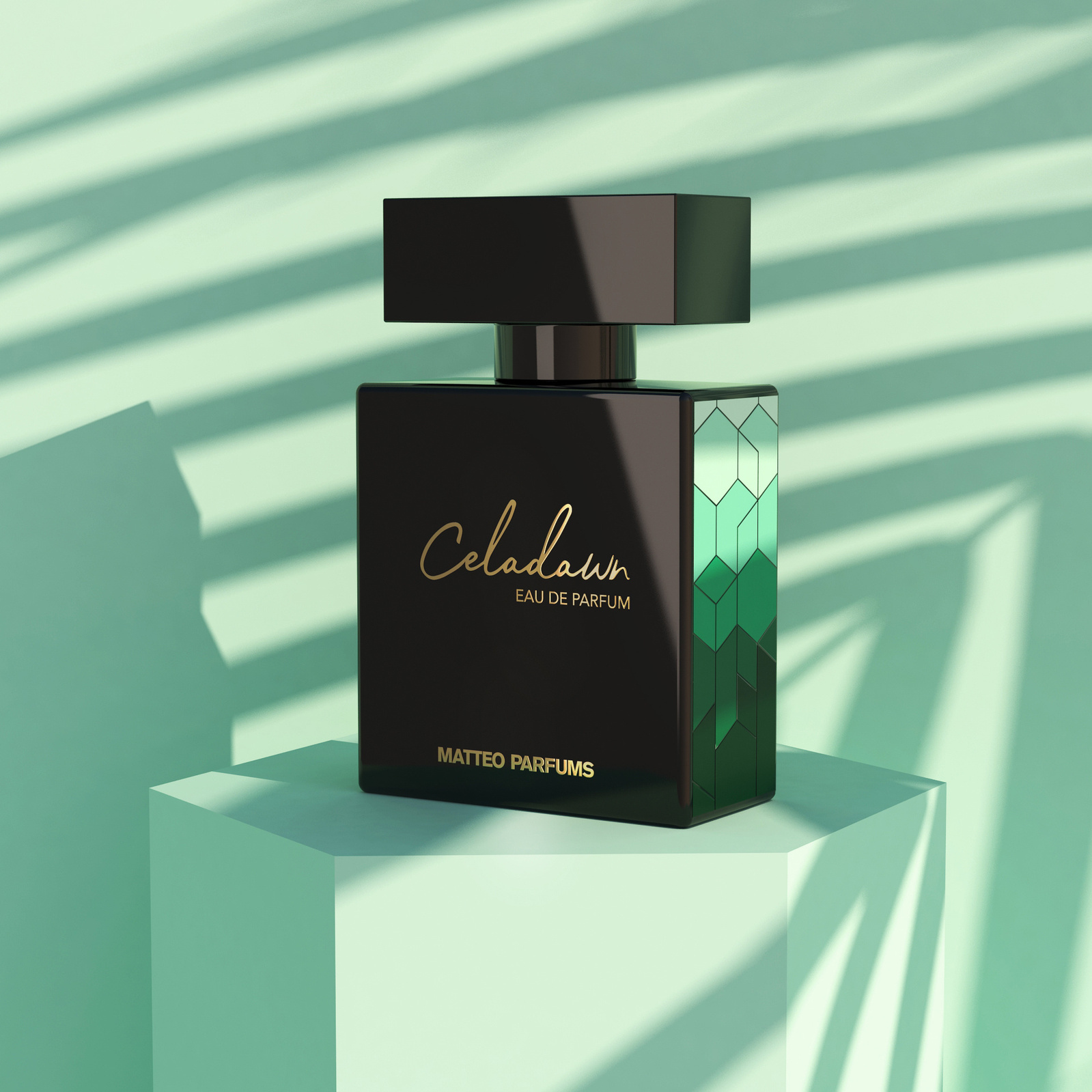 Studio photo of the debut fragrance from MATTEO PARFUMS, Celadawn, in its full sized option. Shot against a mint green background and palm leaf shadows casting against the beautiful Celadawn bottle