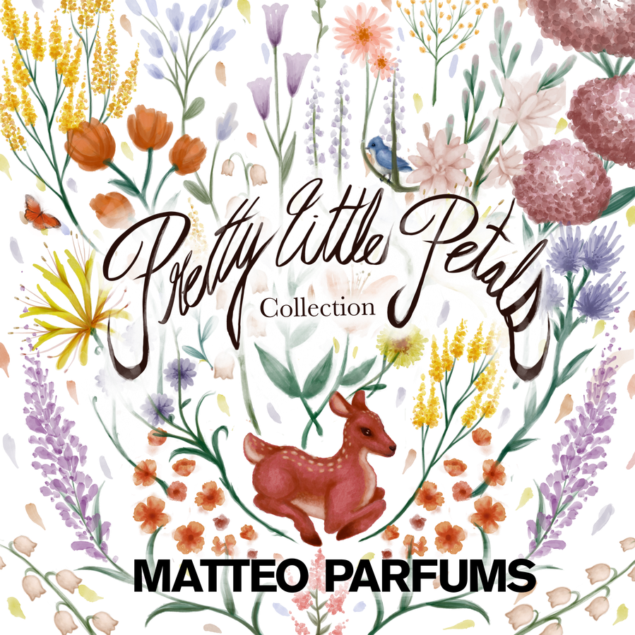 Pretty Little Petals Collection by MATTEO PARFUMS featuring a colorful, whimsical, watercolor painted design of flowers and meadow animals. The PLP fine fragrance set is a trio of scents: Ambered Petal, Porcelain Petal, and Heavy Scents.