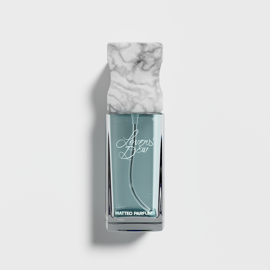 Lovers' Dew (100ml) bottle of clean, luxury niche fine fragrance eau de parfum from MATTEO PARFUMS by Matthew J. Sánchez. Aquatic, fougère, citrus, clean beauty. Aztec, cactus prickly pear, light blue. White Tuscan Italian marble cap. Refillable.