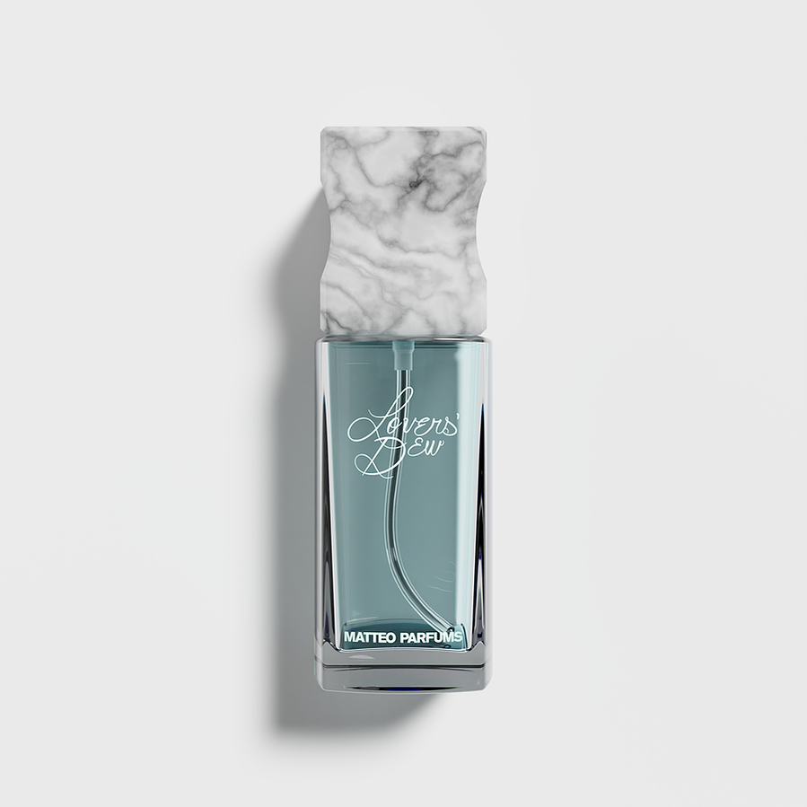 Lovers' Dew (100ml) bottle of clean, luxury niche fine fragrance eau de parfum from MATTEO PARFUMS by Matthew J. Sánchez. Aquatic, fougère, citrus, clean beauty. Aztec, cactus prickly pear, light blue. White Tuscan Italian marble cap. Refillable.