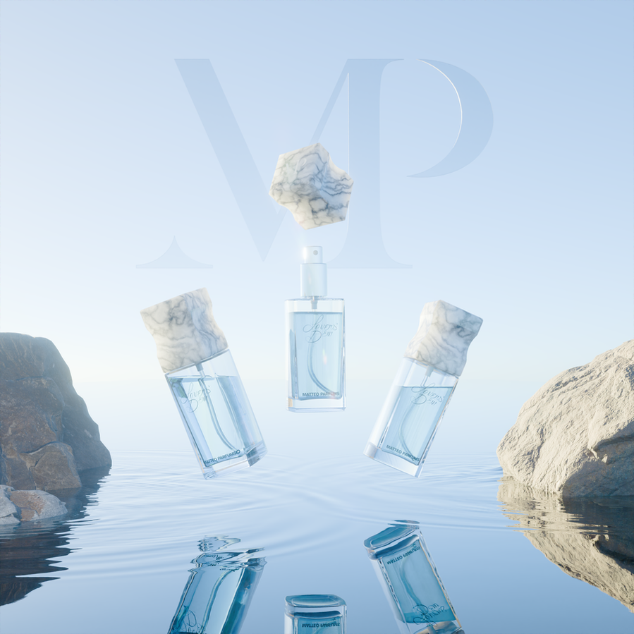 Campaign photo of Lovers' Dew (100ml) bottles from MATTEO PARFUMS by Matthew J. Sánchez. Aquatic, fresh,  citrus, clean beauty. Aztec, cactus prickly pear, light blue. White Tuscan Italian marble cap. Refillable. Niche fine fragrance.