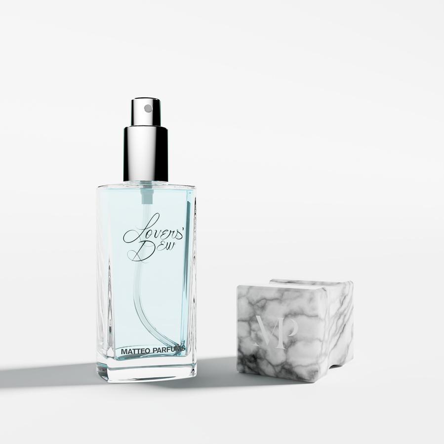 Lovers' Dew (100ml) bottle of clean, luxury niche fine fragrance eau de parfum from MATTEO PARFUMS by Matthew J. Sánchez. Aquatic, fougère, citrus, clean beauty. Aztec, cactus prickly pear, light blue. White Tuscan Italian marble cap. Refillable.