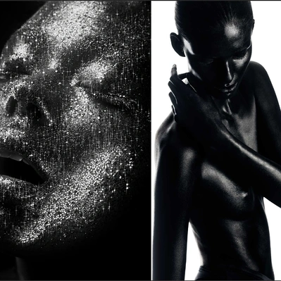 Two photos in one, black and white. On left a face, dusted with starlight, yearning for the unknown. On right a study in shades of black woman's form sculpted in shadow.
