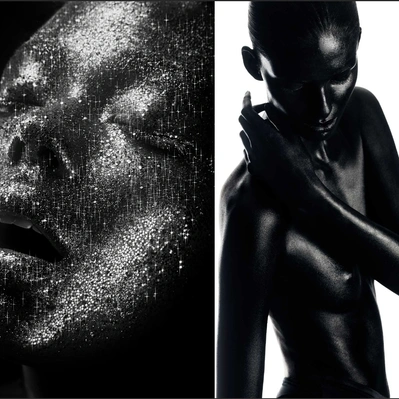 Two photos in one, black and white. On left a face, dusted with starlight, yearning for the unknown. On right a study in shades of black woman's form sculpted in shadow.