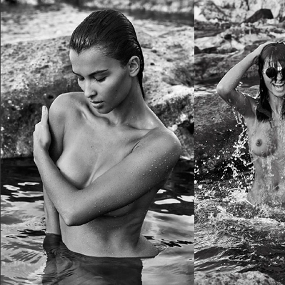 Two photos in one black and white, on left topless woman bathing contrast in stone and water. On right topless woman with hands over the hand bathing in contrast with  water splaches and rocks