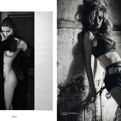 Two photos in one black and white. On left, woman draped in a rich black fur, poised between walls. On right in sexy black lingerie  woman  posed against a weathered wall.