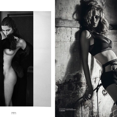 Two photos in one black and white. On left, woman draped in a rich black fur, poised between walls. On right in sexy black lingerie  woman  posed against a weathered wall.