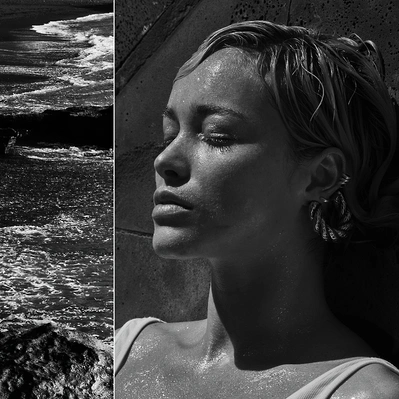 Two photos in one black and white. On left silhouette of a person walking on the edge of a restless sea. On right Sun-drenched stillness woman's serene profile, bathed in the midday glow.