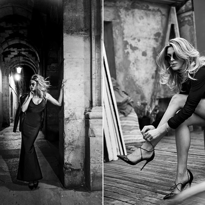 Two photos in one black and white. On left Melody Gardot draped in shadows, navigates a moonlit alleyway. On right, Melody Gardot sitting on a chair and exposing her long legs while tying her heels.