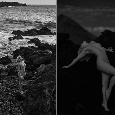 Two photos in one, on left woman stands poised on a rocky shore, the ocean's whisper a constant companion. On right  woman, sculpted by the night, stretches against volcanic rock.