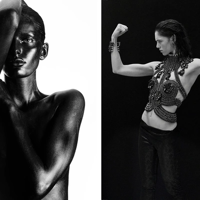 two photos in one black and white. On left a study in monochrome; a body sculpted in shadow. On right woman, draped in intricate, dark armor, flexes her powerful arms against a stark black backdrop.