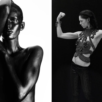 two photos in one black and white. On left a study in monochrome; a body sculpted in shadow. On right woman, draped in intricate, dark armor, flexes her powerful arms against a stark black backdrop.