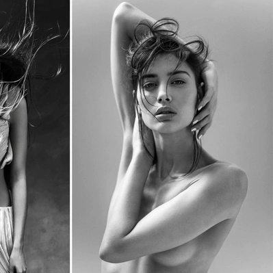 Two photos in one black and white. On left, a woman, draped in sculpted fabric, her unbound hair a tempestuous halo. On right topless woman with right hand over the hand where both arms make a frame around the model.