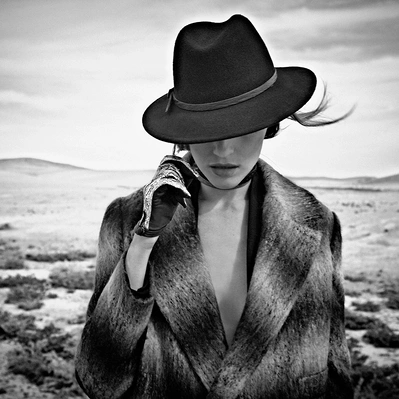 A woman in a wide-brimmed hat, silhouetted against a vast, empty landscape.  A sense of mystery and solitude.
