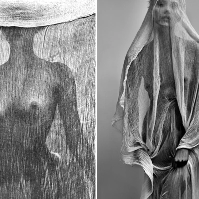 Two photos in one black and white. On left, a woman's form, obscured yet palpable, through a translucent veil. On right a veiled figure, draped in ethereal fabric, hints at secrets held within.