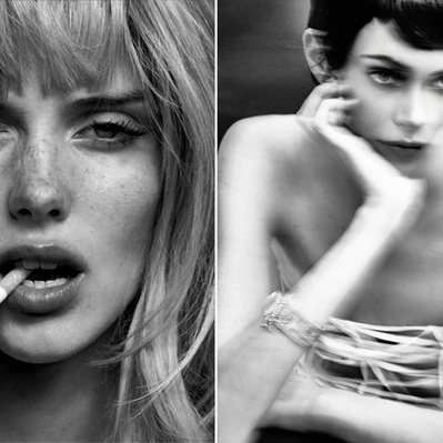 two photos in one black and white. On left close-up portrait of a woman with a cigarette, a moment of contemplation. On right woman with bare shoulders, thoughtful. Portrait of introspection.