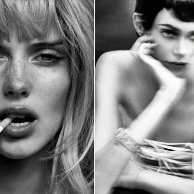 two photos in one black and white. On left close-up portrait of a woman with a cigarette, a moment of contemplation. On right woman with bare shoulders, thoughtful. Portrait of introspection.