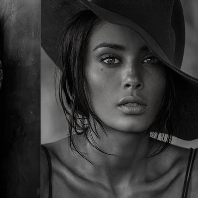 Two photos black and white in one. On left intricate patterns adorn a sculpted back, a study in form and design. On right dark hair, wide-brimmed hat, a captivating portrait.