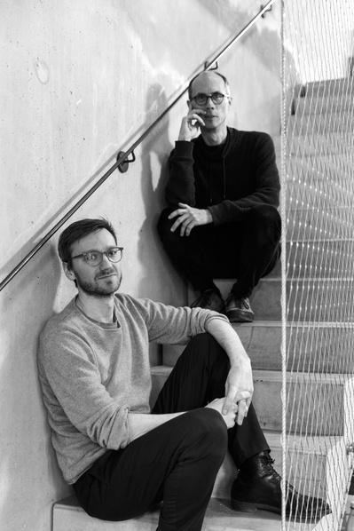 Architects Tobias Buschbeck & Sebastian Rumpf from Studio Plus pose for a portrait in their studio in Berlin, Germany. 