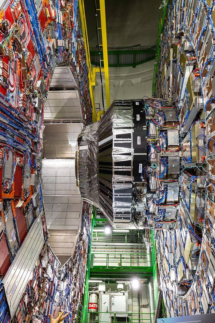 A part of the 14.000 tone CMS detector at CERN (European Organization for Nuclear Research) particle physics research facility in Meyrin, Switzerland. 