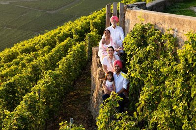 A family of 5 members sits on narrow stairs in the middle of a vineyard. 