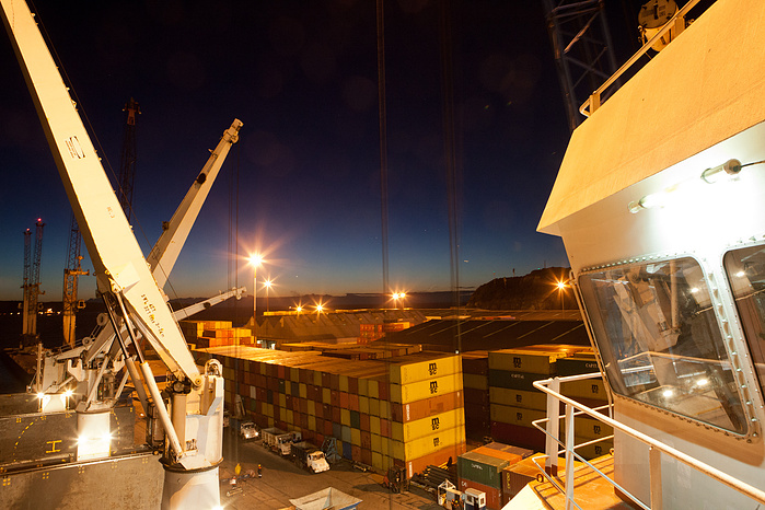 boat, cargo, coast, commerce, container, crane, dock, export, forms, harbor, high, industrial, industry, line, loading, ocean, outdoors, over, perspective, port, sea, ship, shipping, shipyard