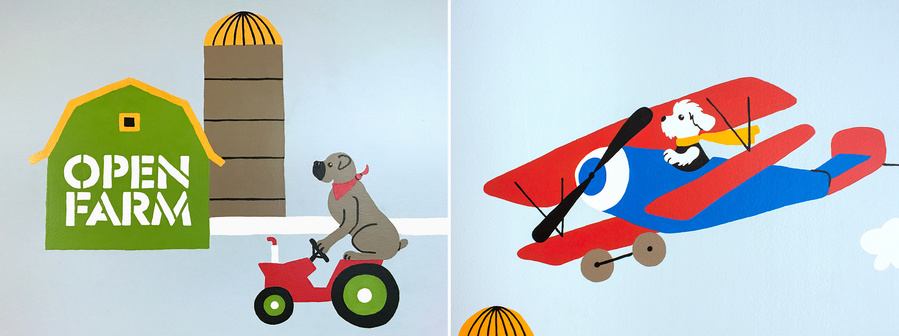 Detail of "Open Farm" logo and a dog flying an airplane.