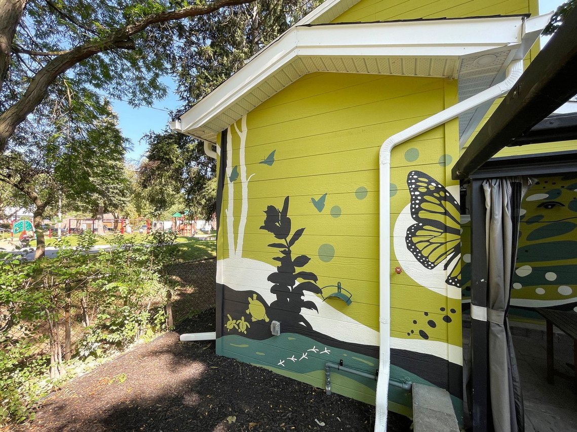 A monarch butterfly wing with a rolling landscape continuing across all the walls with turtles and milkweed. 