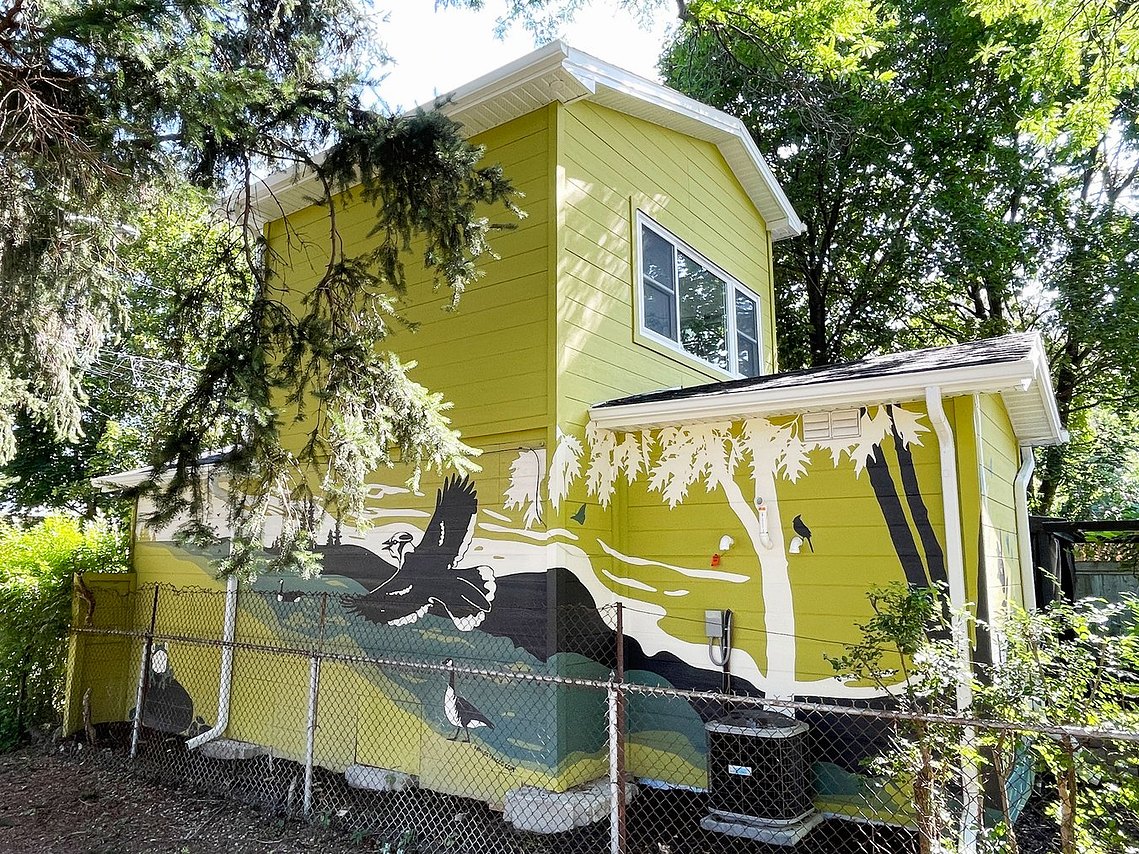 Mural on the side of a green laneway house showcases local animals from the neighbourhood. The walls face a backyard and a park which makes the mural available for the whole community. 